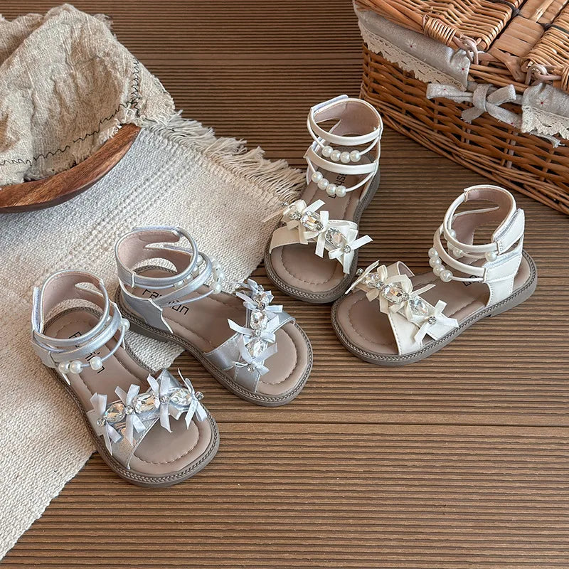 Mumoresip Girls Roman Shoes Elegant Pearl Children Sandals Korean Style Versatile 2026 Summer Kids Princess Shoes Soft Bottom