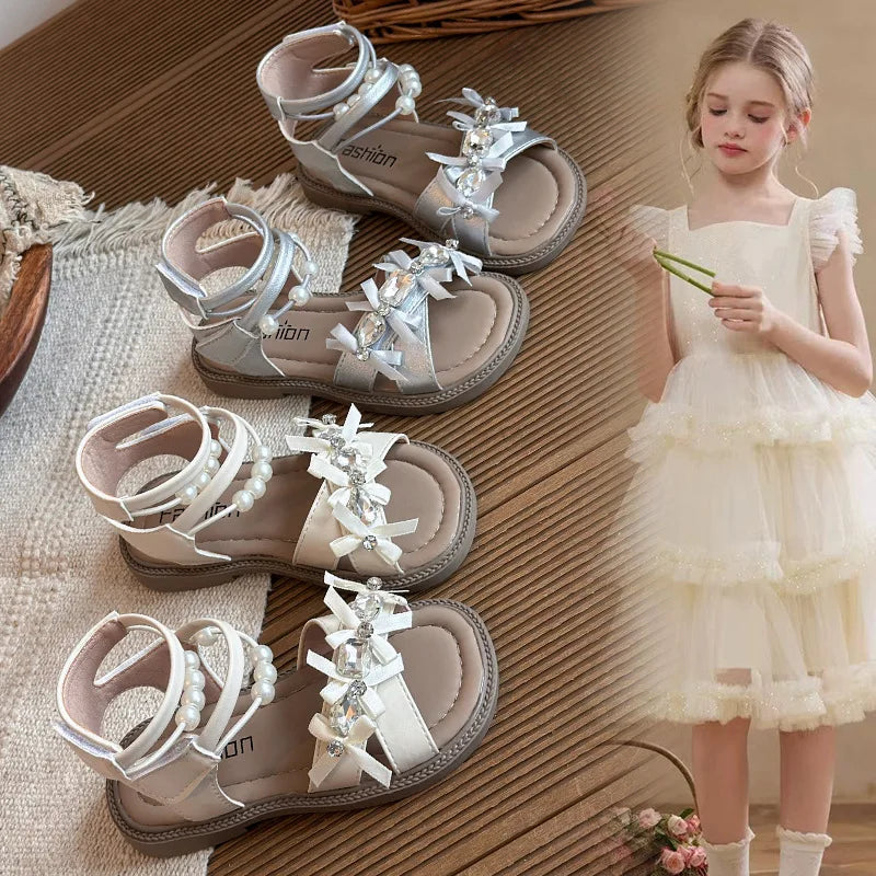 Mumoresip Girls Roman Shoes Elegant Pearl Children Sandals Korean Style Versatile 2026 Summer Kids Princess Shoes Soft Bottom